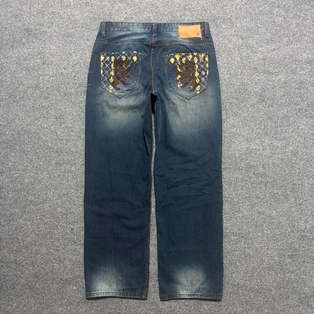 Ecko Unltd Mens Baggy Jeans 36x32 Rhino Embroidered Argyle Pocket Y2K Baggy